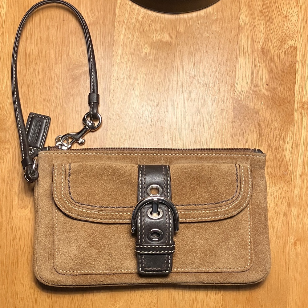 Coach Tan Suede Wristlet with Brown Accents